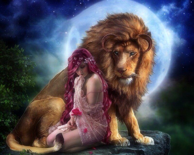 Woman with Lion — Blue, Serene, Night