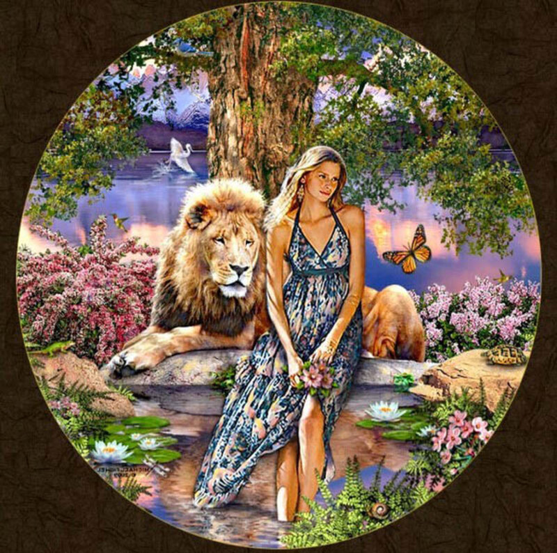 Woman with Lion — Blue, Serene