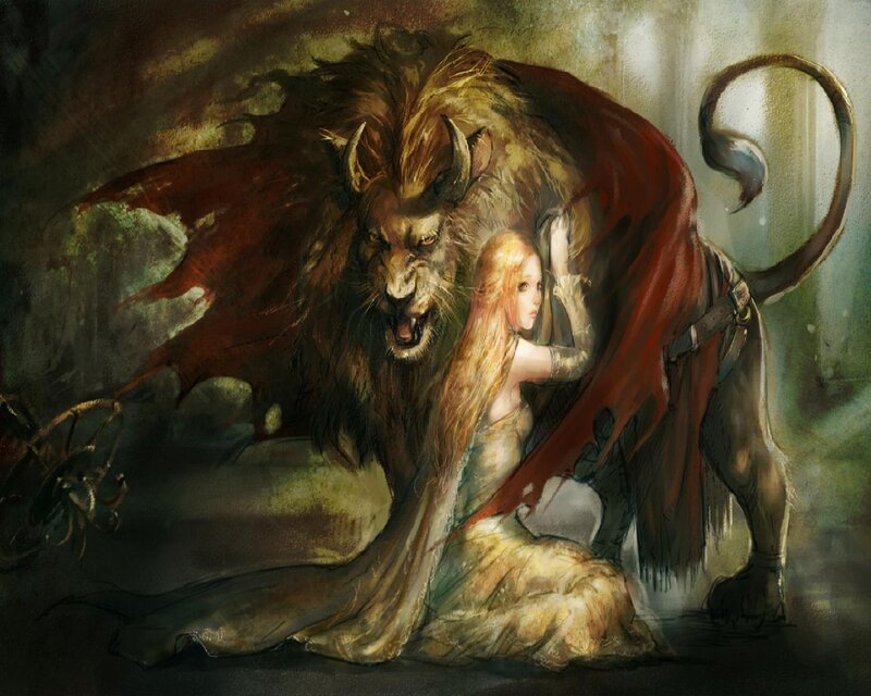 Woman with Lion — Brown, Dramatic, Digital Art, Red Cape