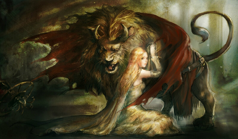 Woman with Lion — Brown, Dramatic, Digital Art