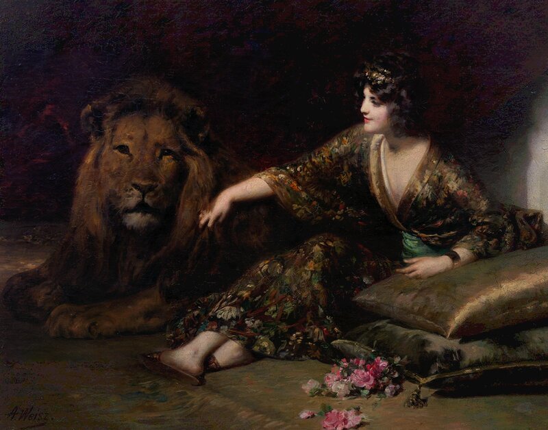 Woman with Lion — Brown, Dramatic, Painting