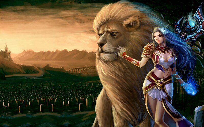 Woman with Lion — Brown, Dramatic, Sunset, Digital Art