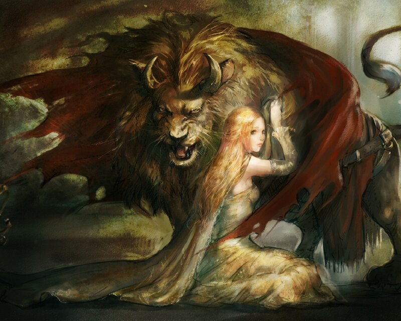 Woman with Lion — Brown, Dramatic