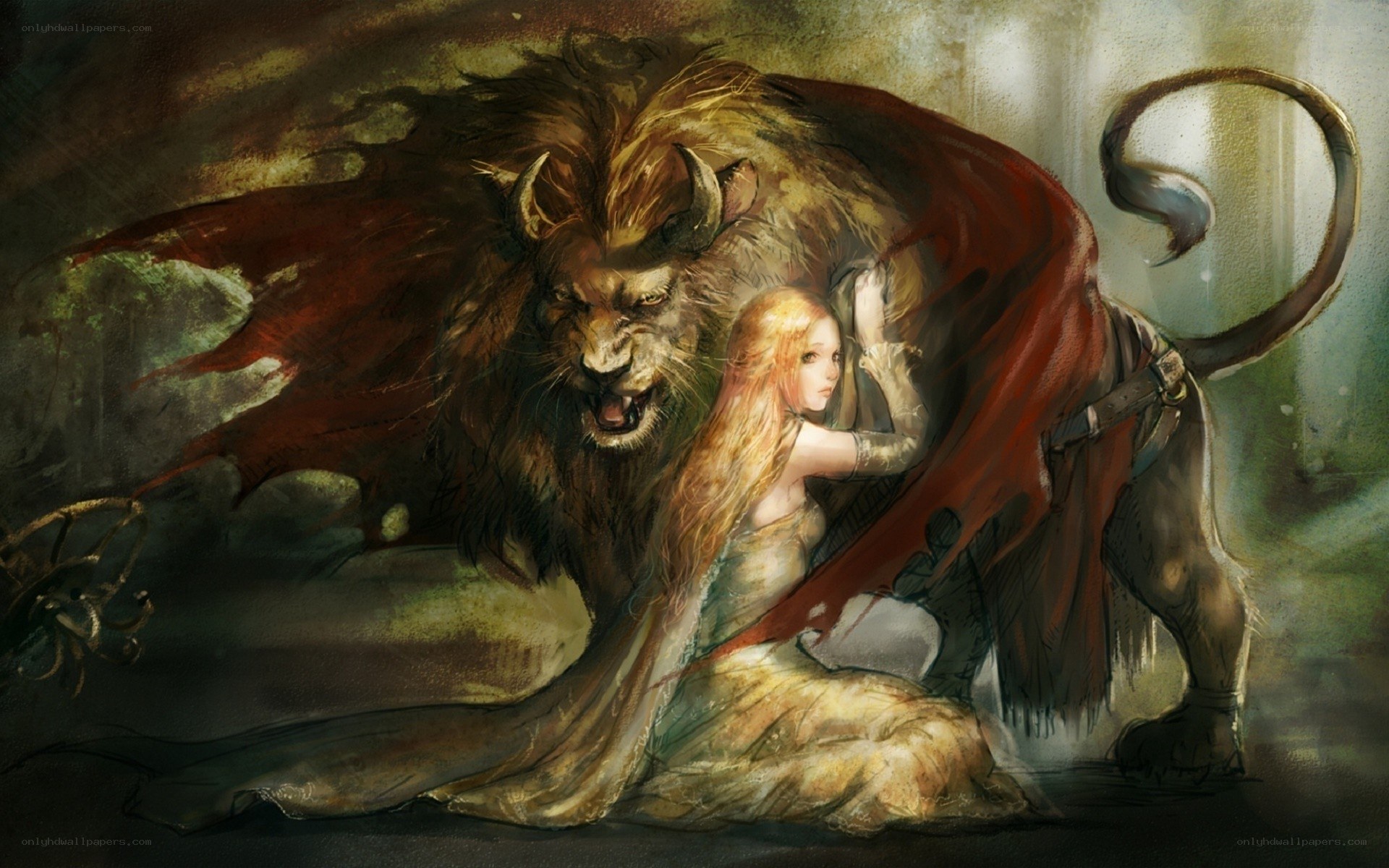 woman with lion creature