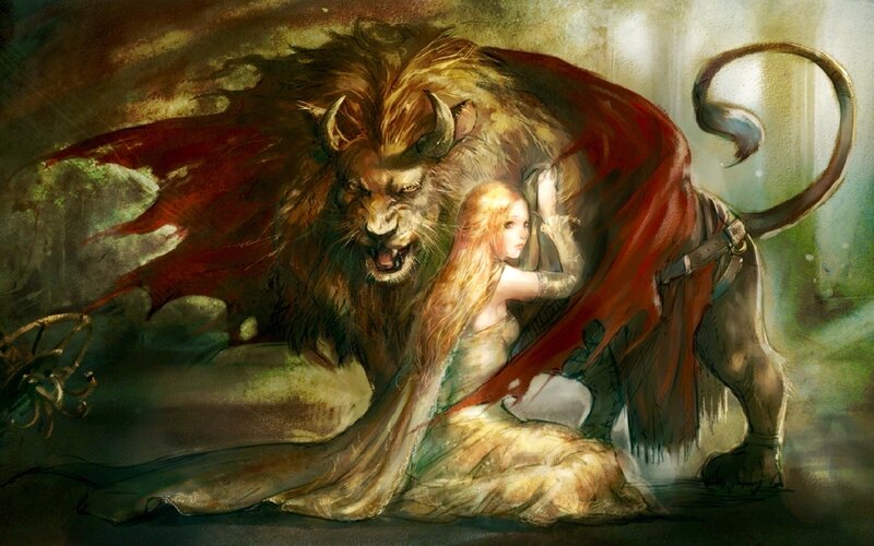 Woman with Lion Creature — Brown, Dramatic