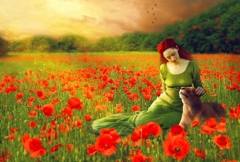 Woman with Lion Cub — Green, Serene