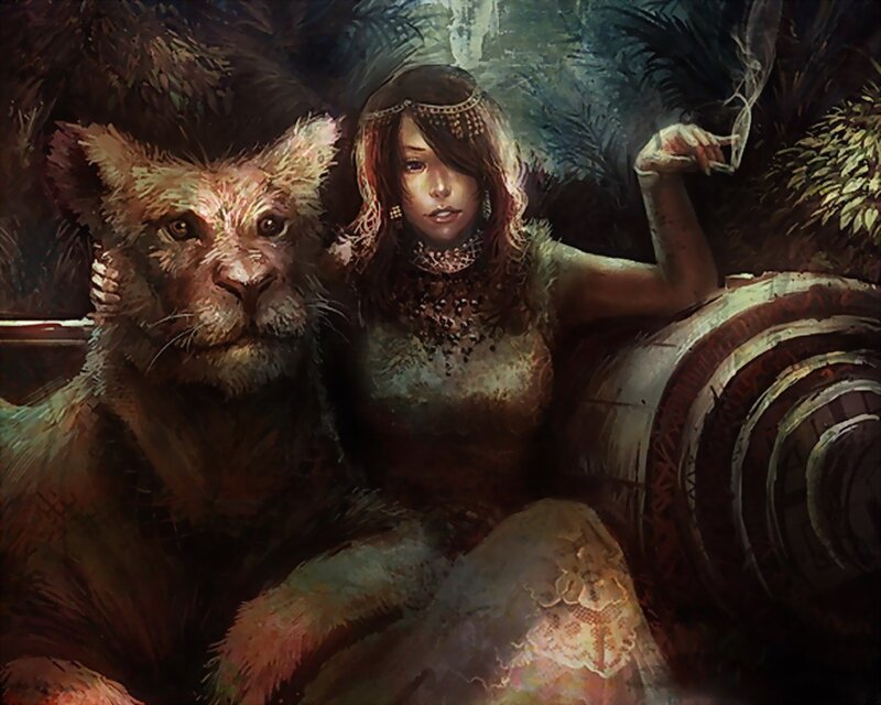 woman with lion cub in jungle
