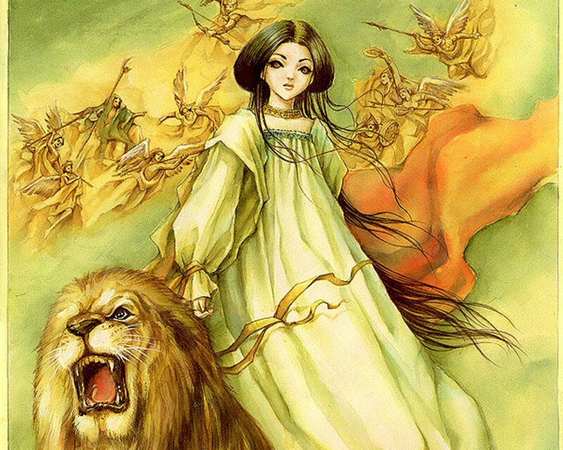 Woman with Lion — Green, Dramatic, Illustration