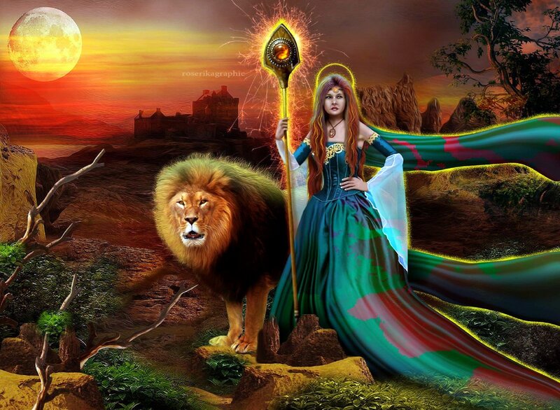 Woman with Lion — Green, Dramatic
