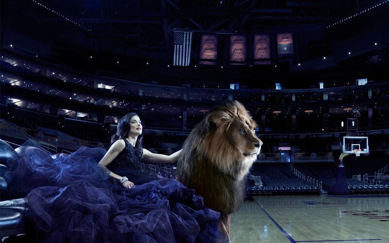 Woman with Lion in Arena — Blue, Dramatic