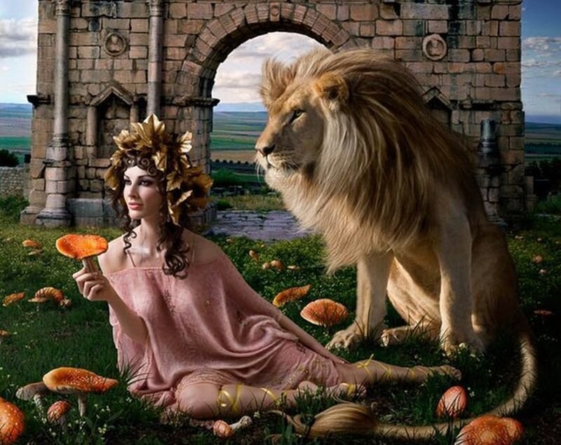 Woman with Lion in Field
