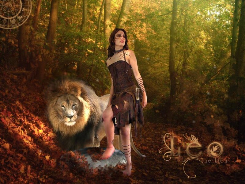 woman with lion in forest