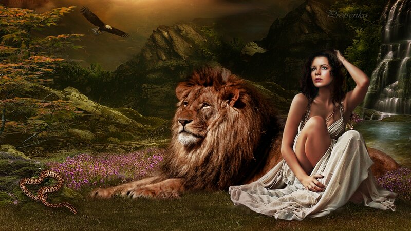 Woman with Lion in Forest — Green