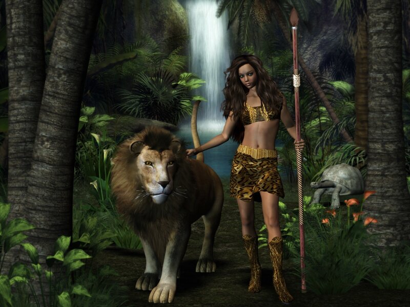 woman with lion in jungle