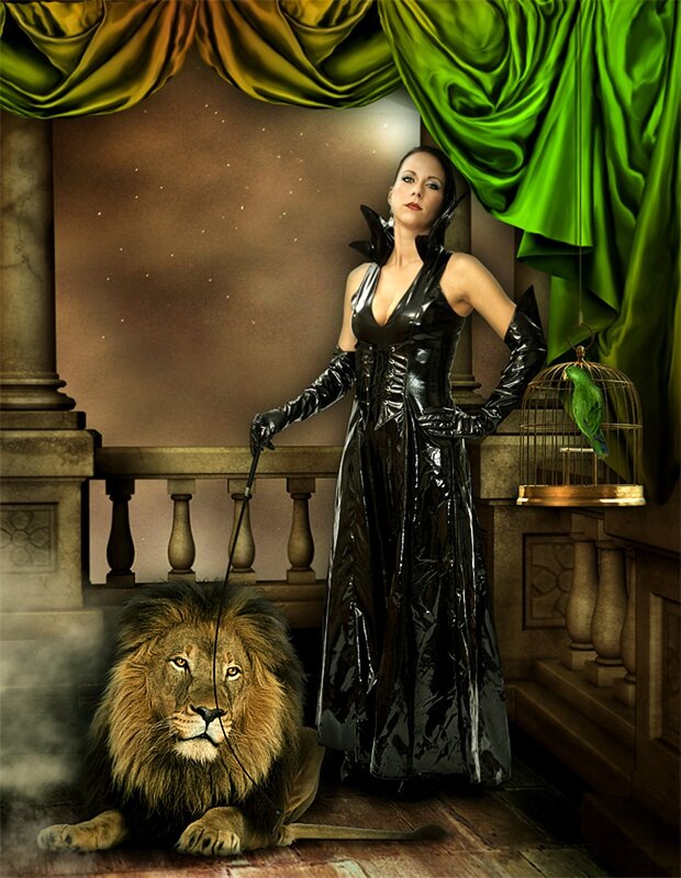 Woman with lion in opulent hall