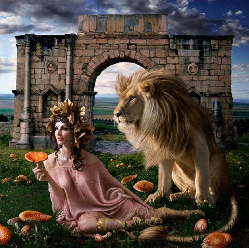 woman with lion in ruins