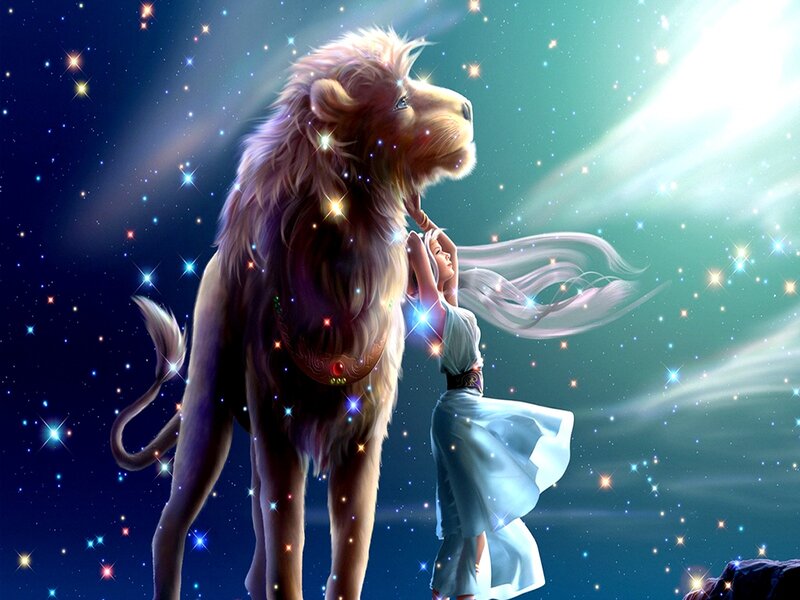 woman with lion in starry sky
