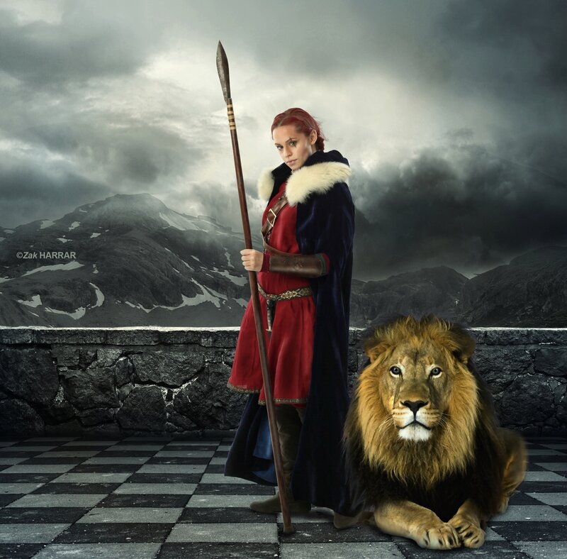 Woman with Lion — Red, Dramatic, Digital Art