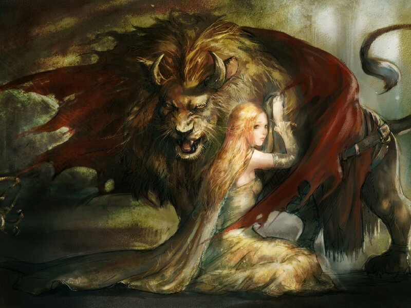 Woman with Lion — Red, Dramatic