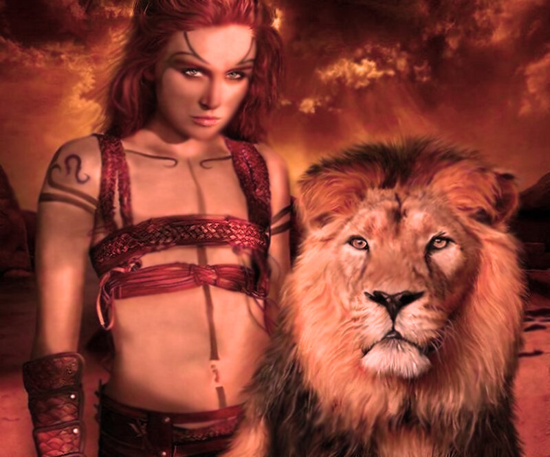 Woman with Lion — Red