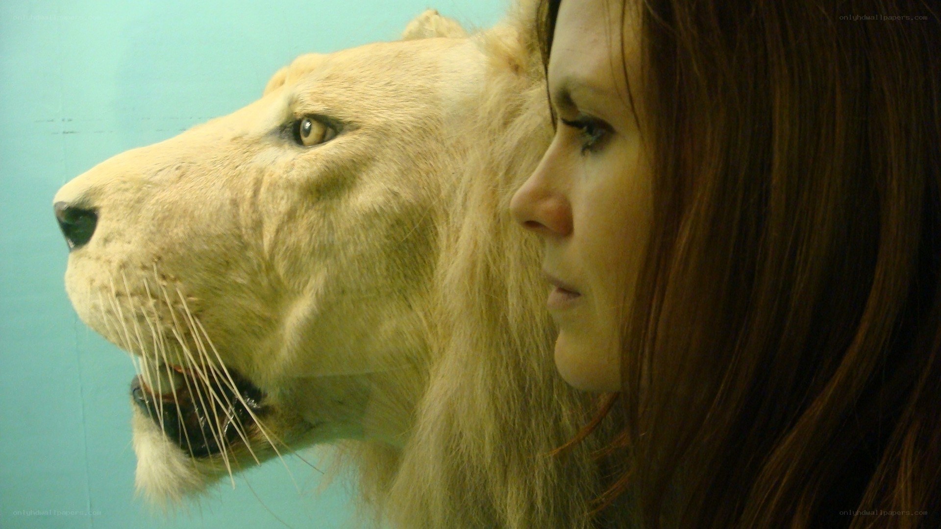 woman with lion taxidermy