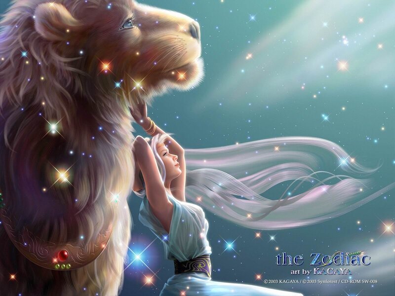woman with lion under stars