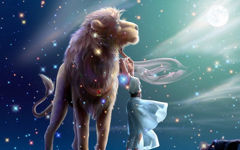 woman with lion under stars