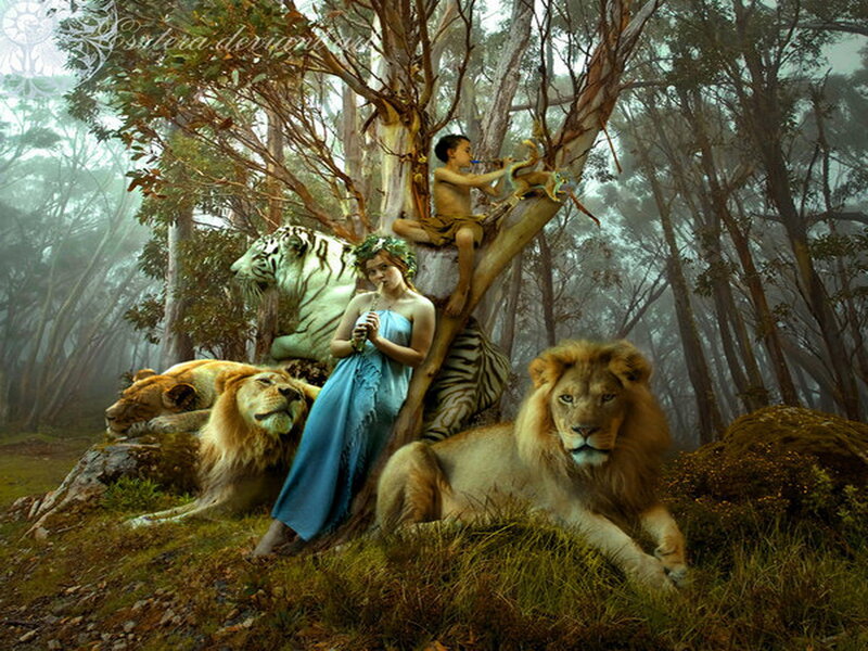Woman with Lions and Tiger