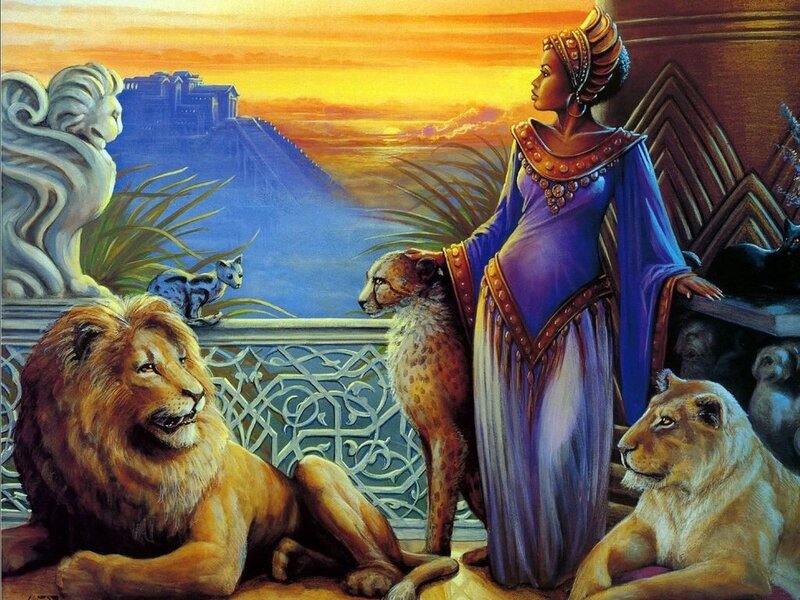 Woman with Lions — Blue, Serene, Sunset, Painting