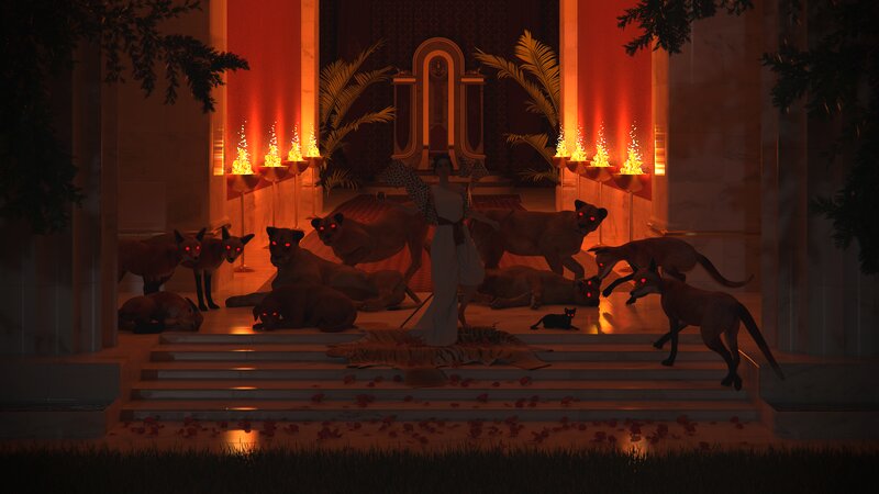 Woman with Lions — Red, Dramatic