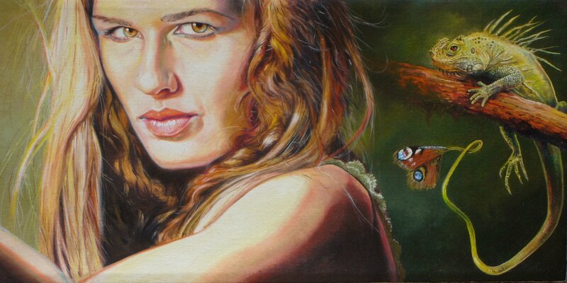 woman with lizard and butterfly