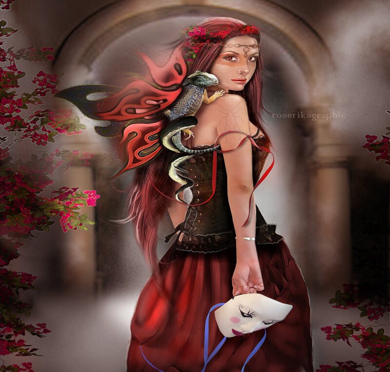 Woman with Lizard on Shoulder — Red
