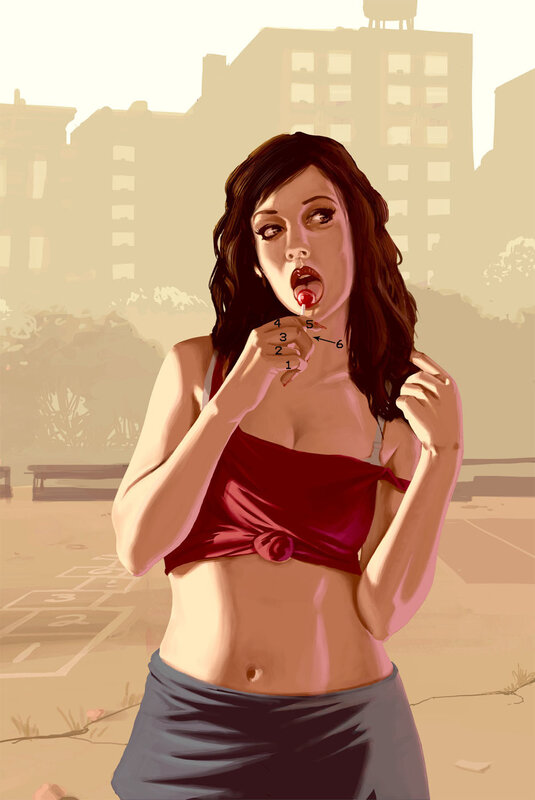 woman with lollipop in city