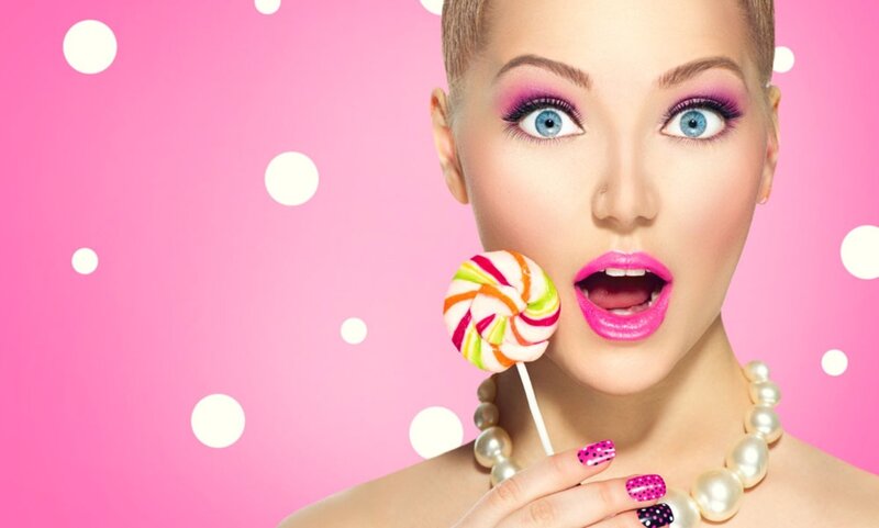 Woman with Lollipop — Pink, Playful, Photograph, Pearls, Makeup