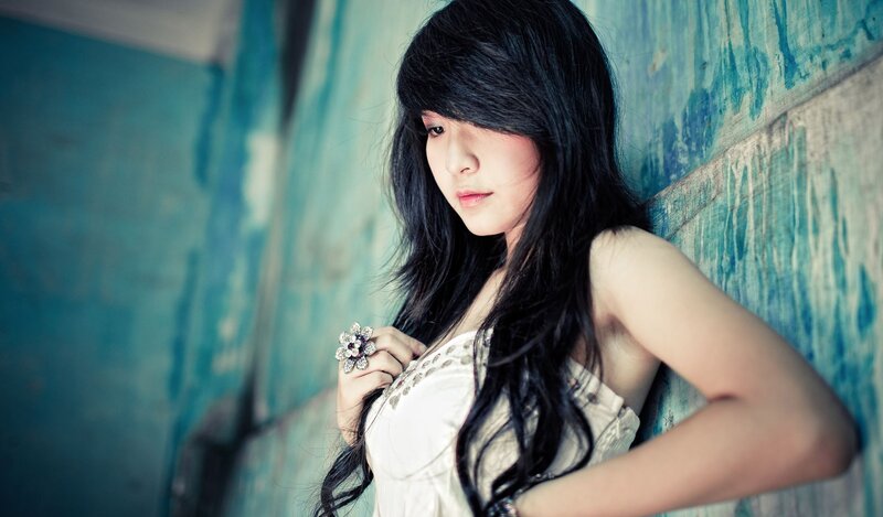 Woman with Long Black Hair — Blue, Contemplative