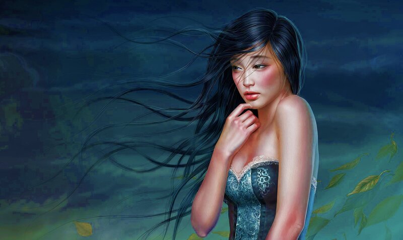 Woman with Long Black Hair — Blue, Dramatic, Night, Digital Art, Leaves