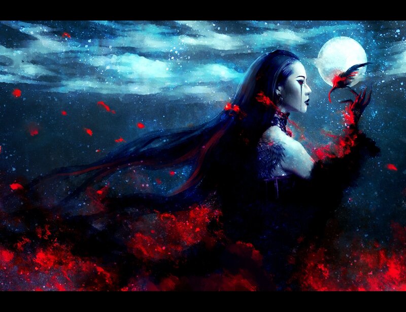 Woman with Long Black Hair — Blue, Dramatic, Night, Digital Art
