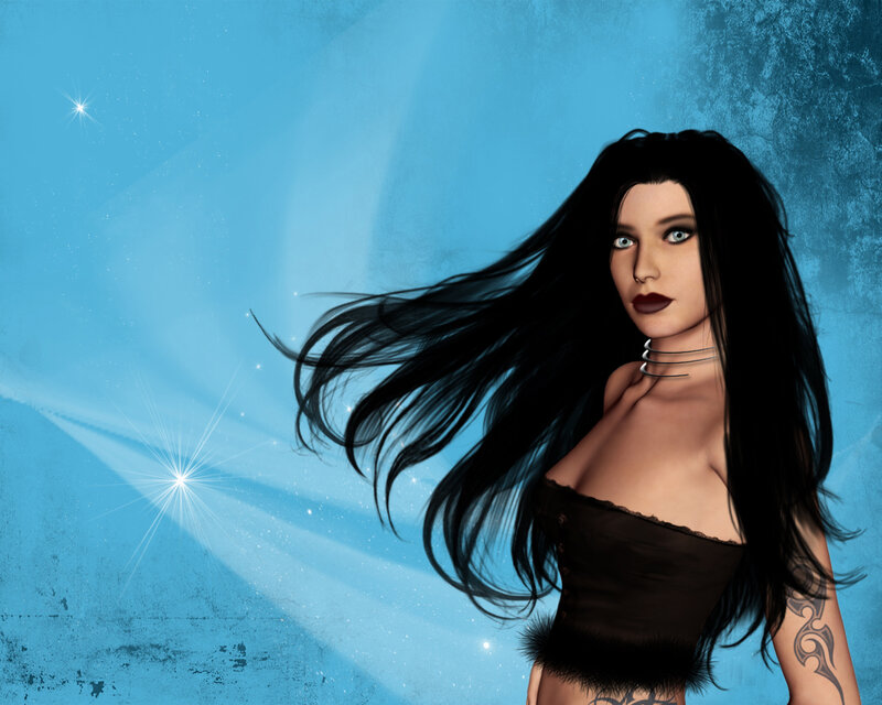 Woman with Long Black Hair — Blue, Dramatic