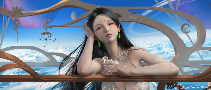 Woman with Long Black Hair — Blue, Serene, Afternoon