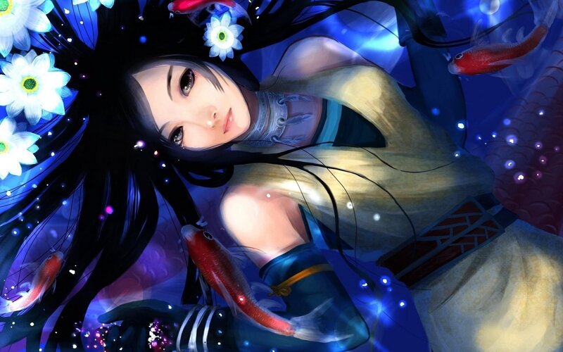 Woman with Long Black Hair — Blue, Serene, Night