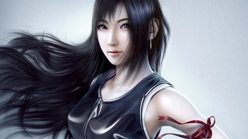 Woman with Long Black Hair — Calm, Digital Art, Black Top, Red Ribbon, Earring