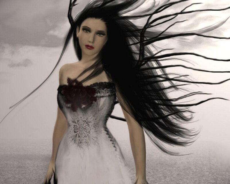 Woman with Long Black Hair — Dramatic, Digital Art, Dress