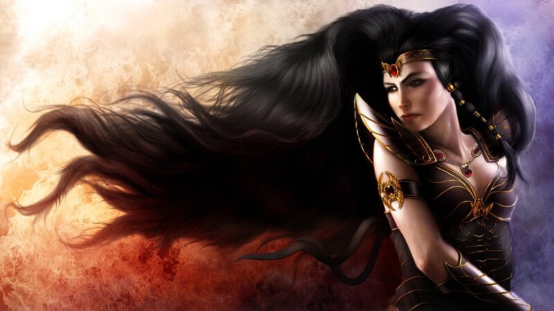 Woman with Long Black Hair — Dramatic, Digital Art, Gold Armor, Headpiece