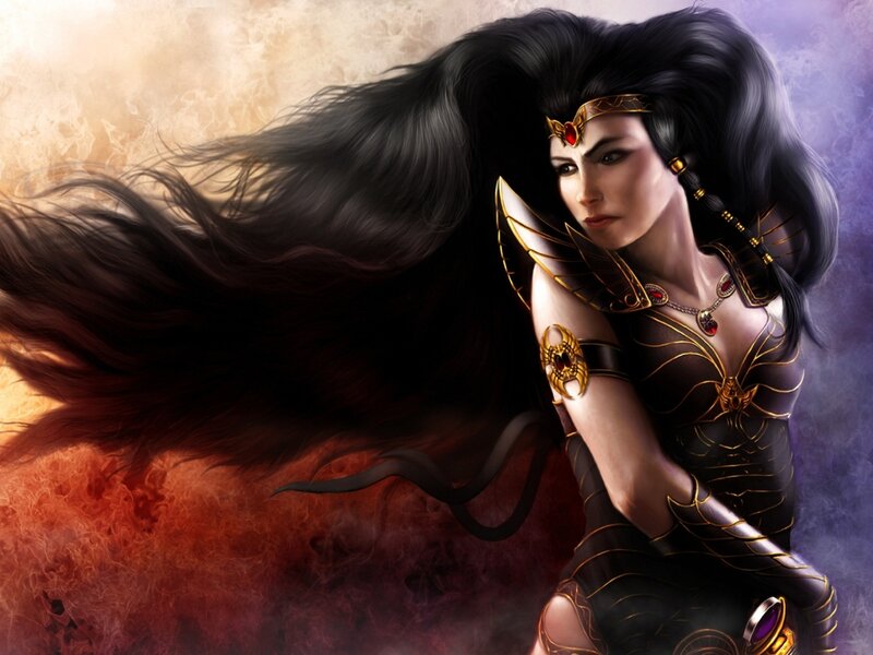 Woman with Long Black Hair — Dramatic, Digital Art, Gold Armor