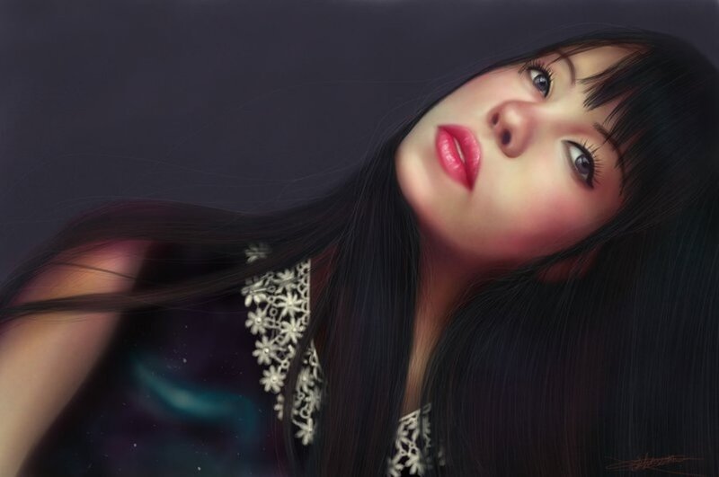 Woman with Long Black Hair — Dramatic, Digital Art, Red Lipstick