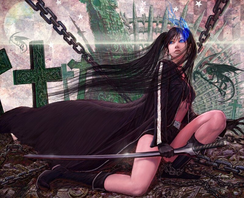 Woman with Long Black Hair — Dramatic, Digital Art, Sword, Chains, Crosses