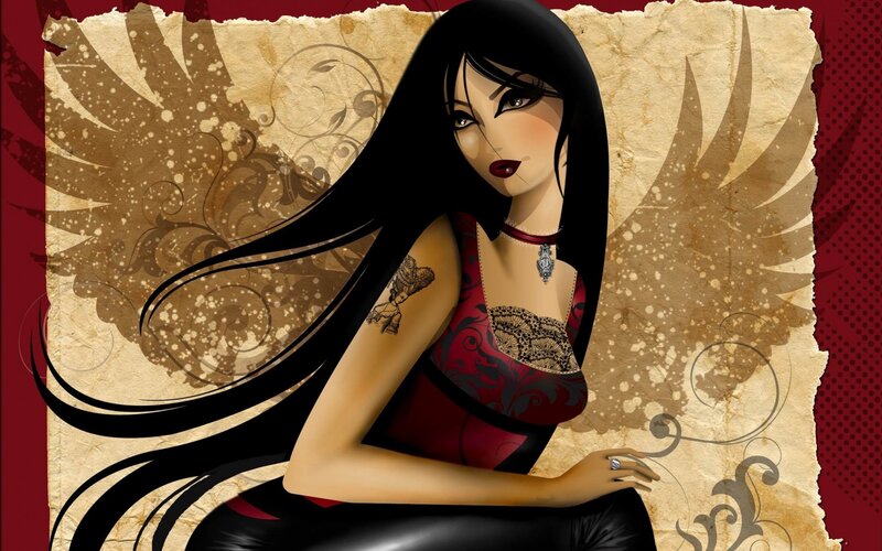 Woman with Long Black Hair — Dramatic, Digital Art, Tattoo