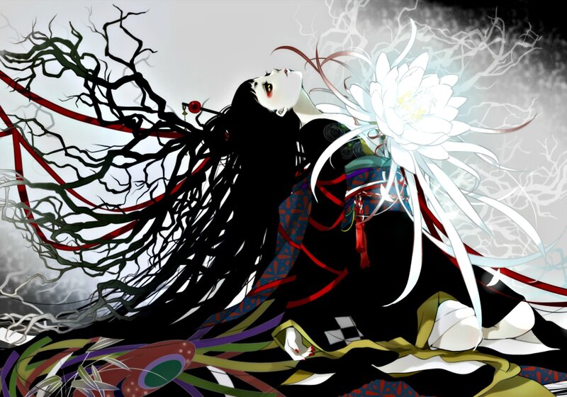 Woman with Long Black Hair — Dramatic, Digital Art, White Flower