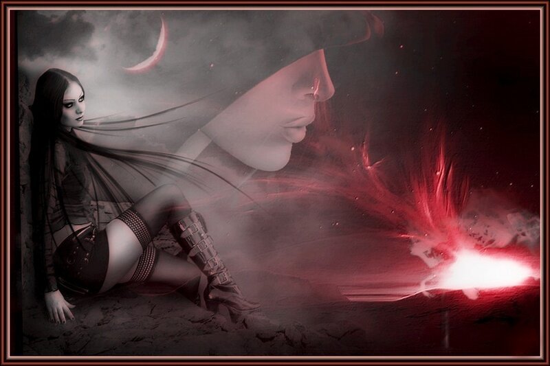 Woman with Long Black Hair — Dramatic, Night, Digital Art, Crescent Moon
