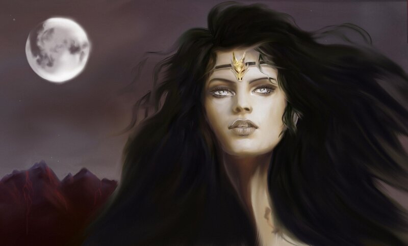 Woman with Long Black Hair — Dramatic, Night, Digital Art, Moon